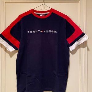 Tommy Hilfiger Boys large navy blue shirt with red& white stripes